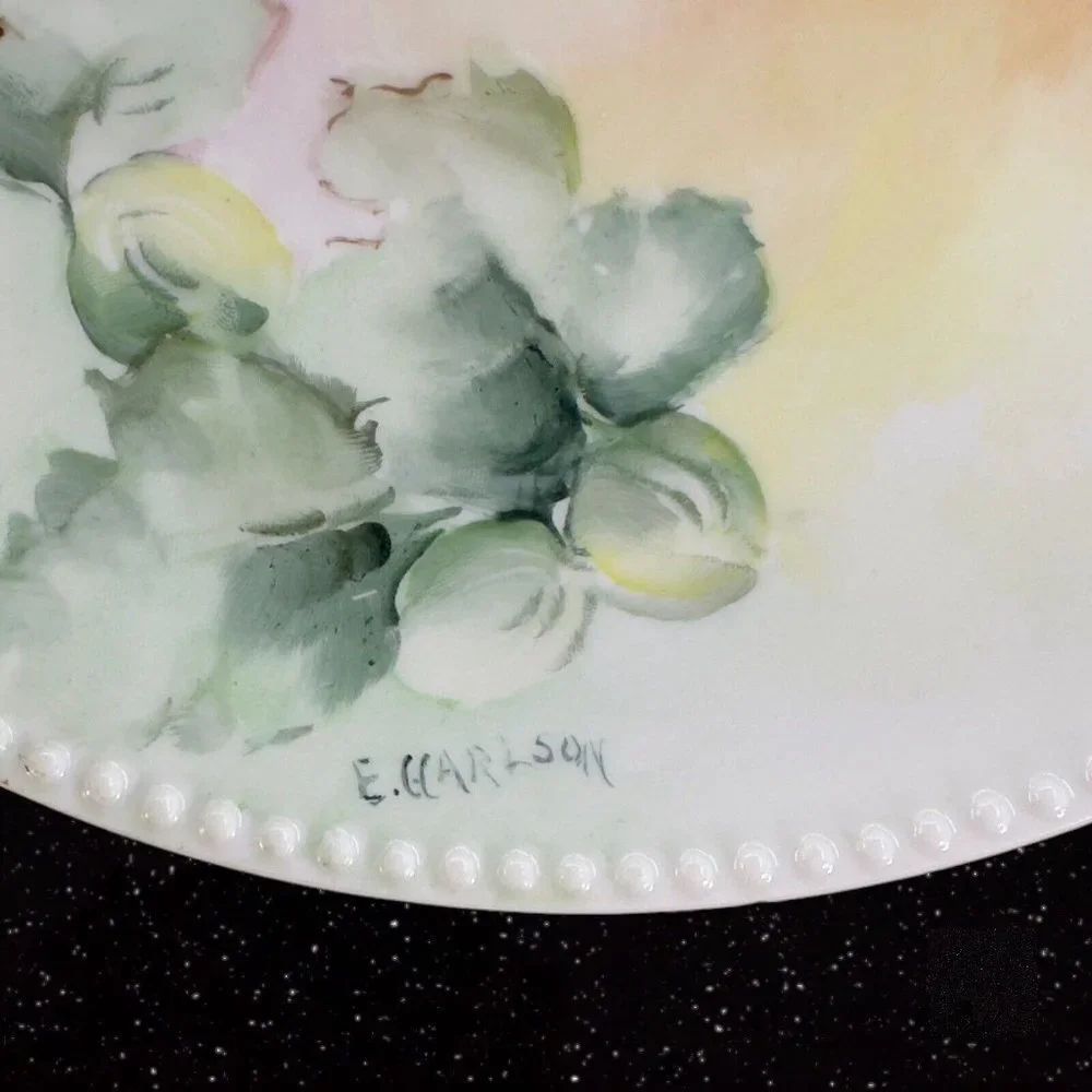 J P L France Limoges Hand Painted Plate Dish Beaded Edges JPL Signed E Carlson‎